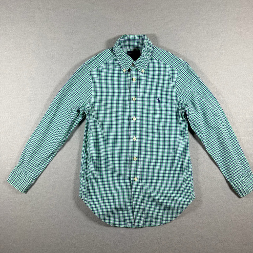 Ralph Lauren Boys Sz S(8) Green Blue Plaid Button Down Shirt Cotton